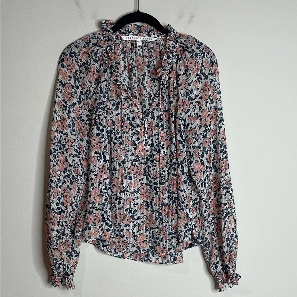 Sold Veronica Beard |  Antonette Long-Sleeve Floral Silk Top Size 6 - Picture 2 of 8